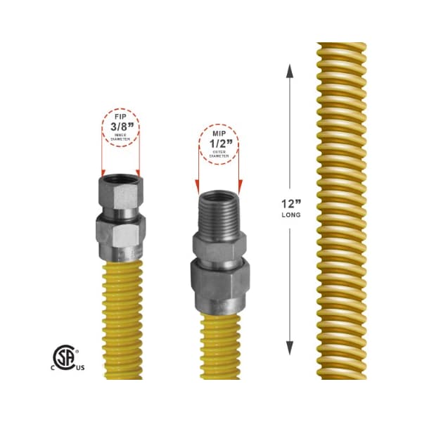 Gas Line Hose 1/2'' O.D.x12'' Len 1/2 FIPx3/8 MIP Fittings Yellow Coated Stainless Steel Flexible